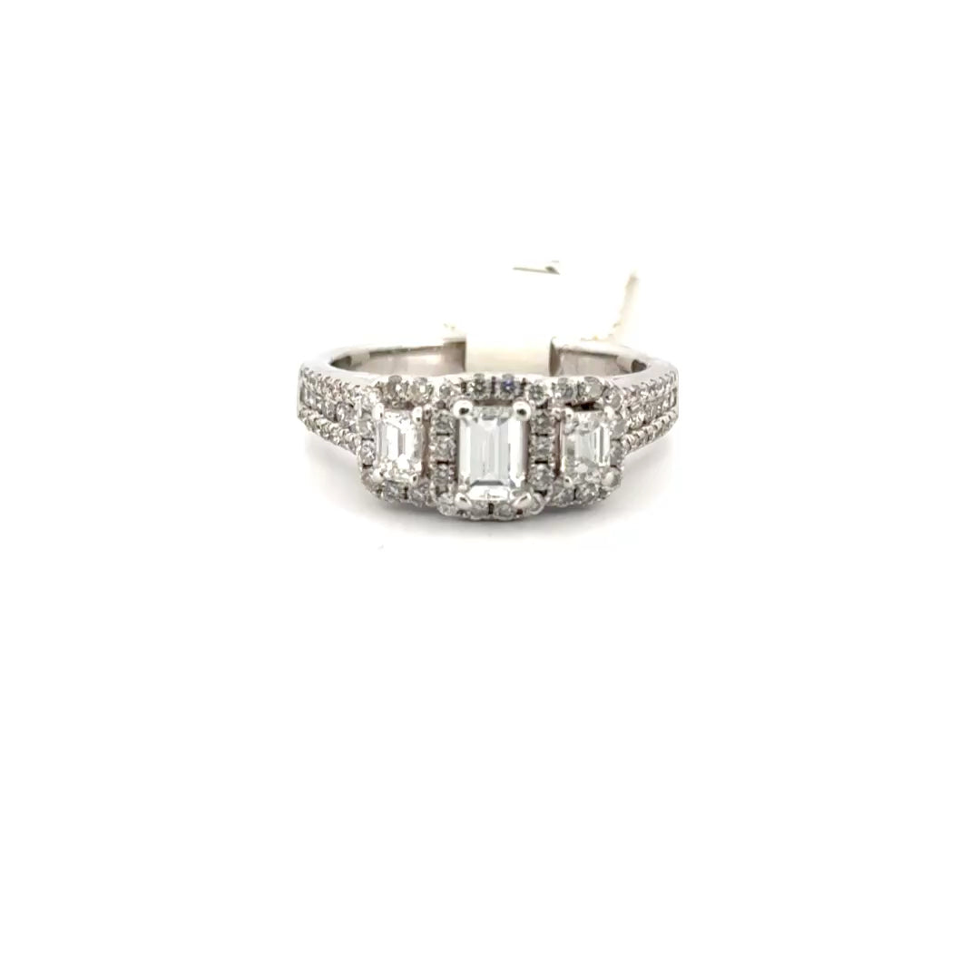 Three Stone Natural Diamond Emerald Engagement Ring Set in 14K White Gold