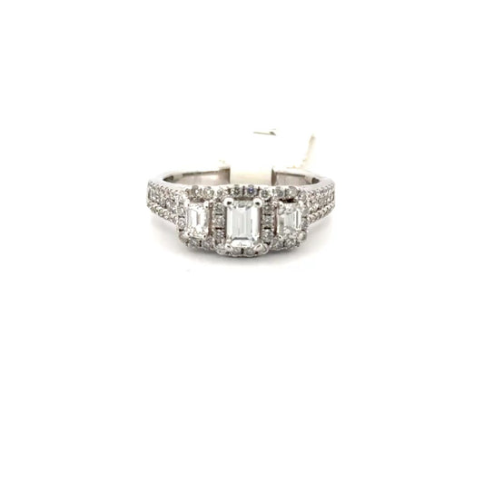 Three Stone Natural Diamond Emerald Engagement Ring Set in 14K White Gold