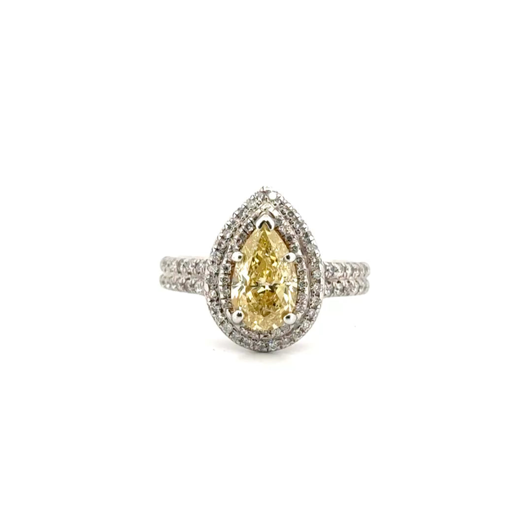 1.57ct. Pear Shape Fancy Yellow in 14K White Gold GIA Certified