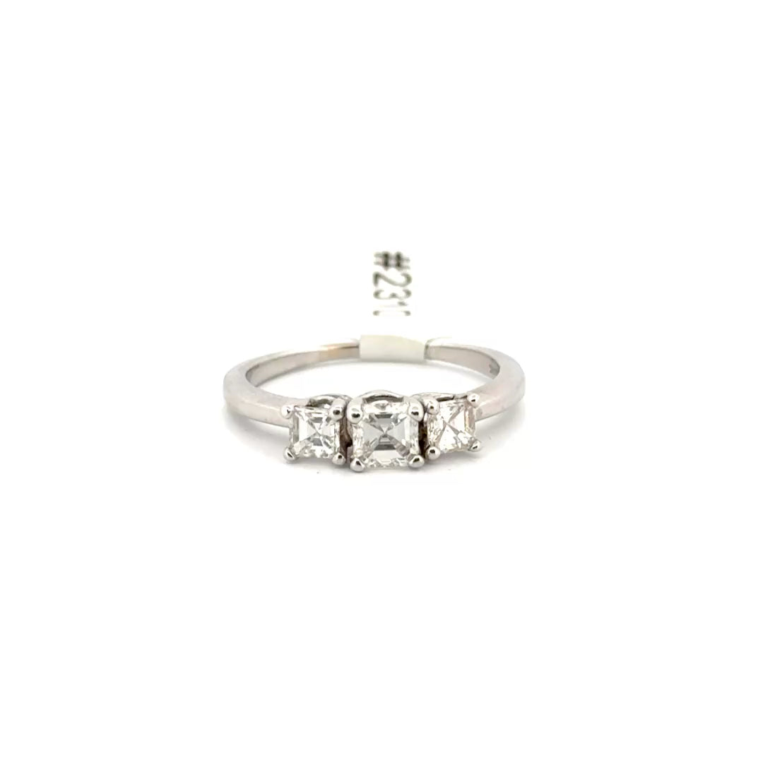 Natural Asscher Cut Three Stone White Gold Ring Set in 14K White Gold Sz 7.5