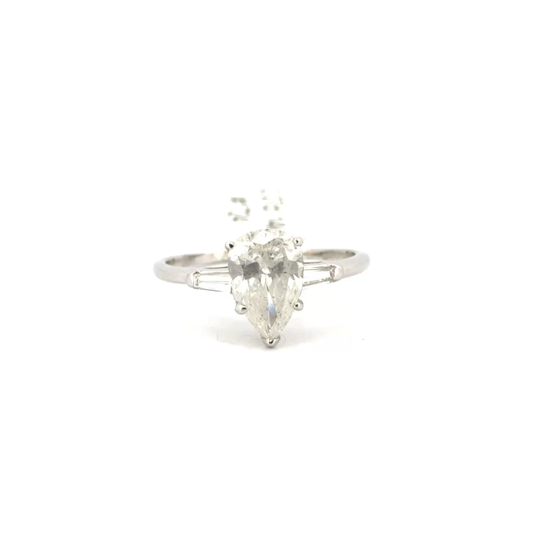 2.07ct. Pear Shape Natural Diamond Estate Ring Set in 14K White Gold With Baguette Accents Sz 8.5