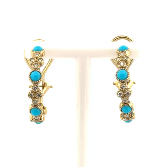 Natural Diamond & Turquoise Hoop Earrings in 14K Yellow Gold