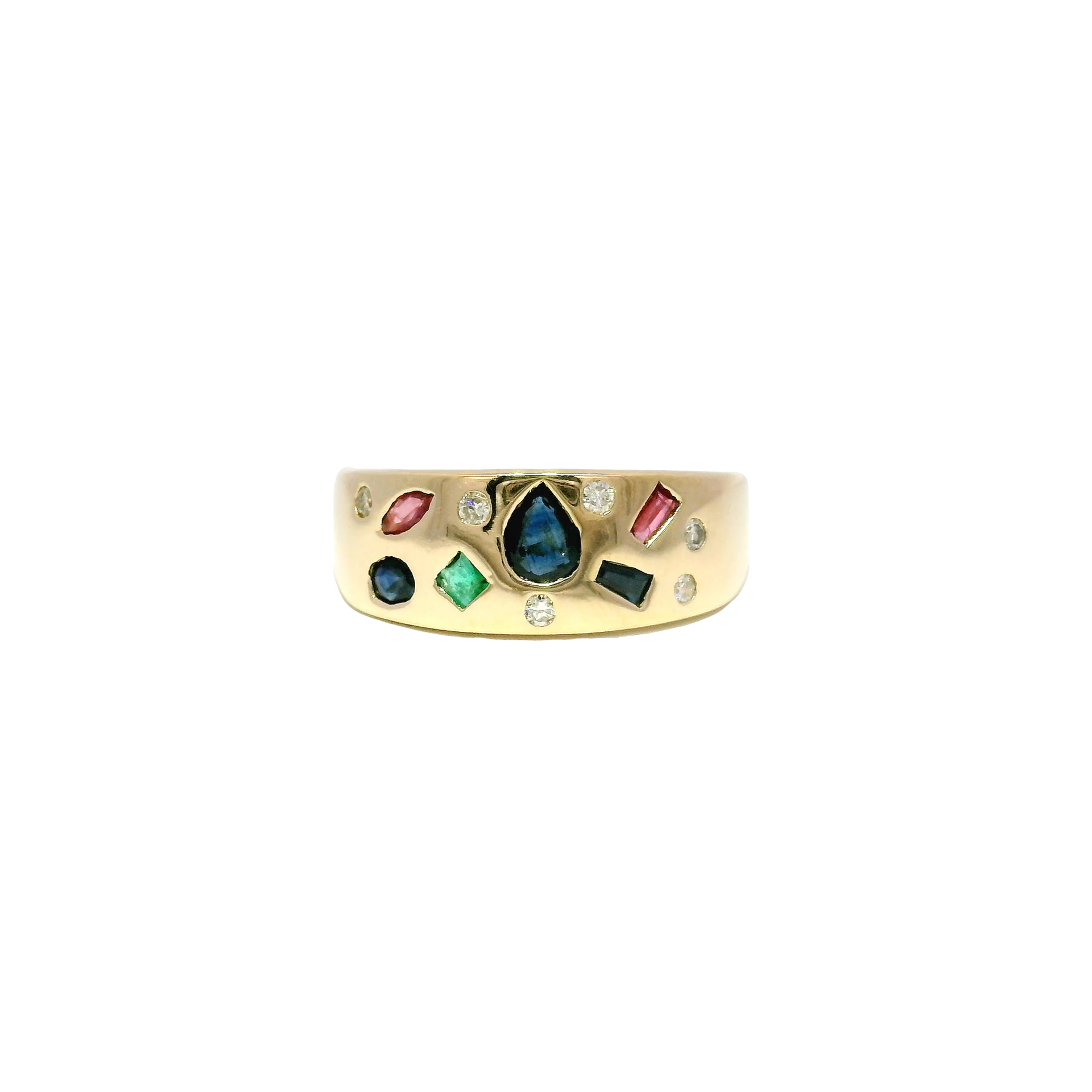 Abstract Flush Mounted Multi Gemstone & Diamond Fashion Ring in 14K Yellow Gold Sz 9.5