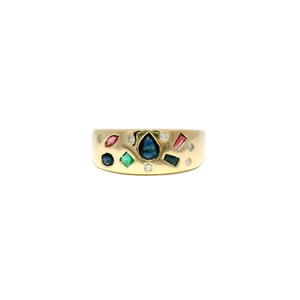 Abstract Flush Mounted Multi Gemstone & Diamond Fashion Ring in 14K Yellow Gold Sz 9.5