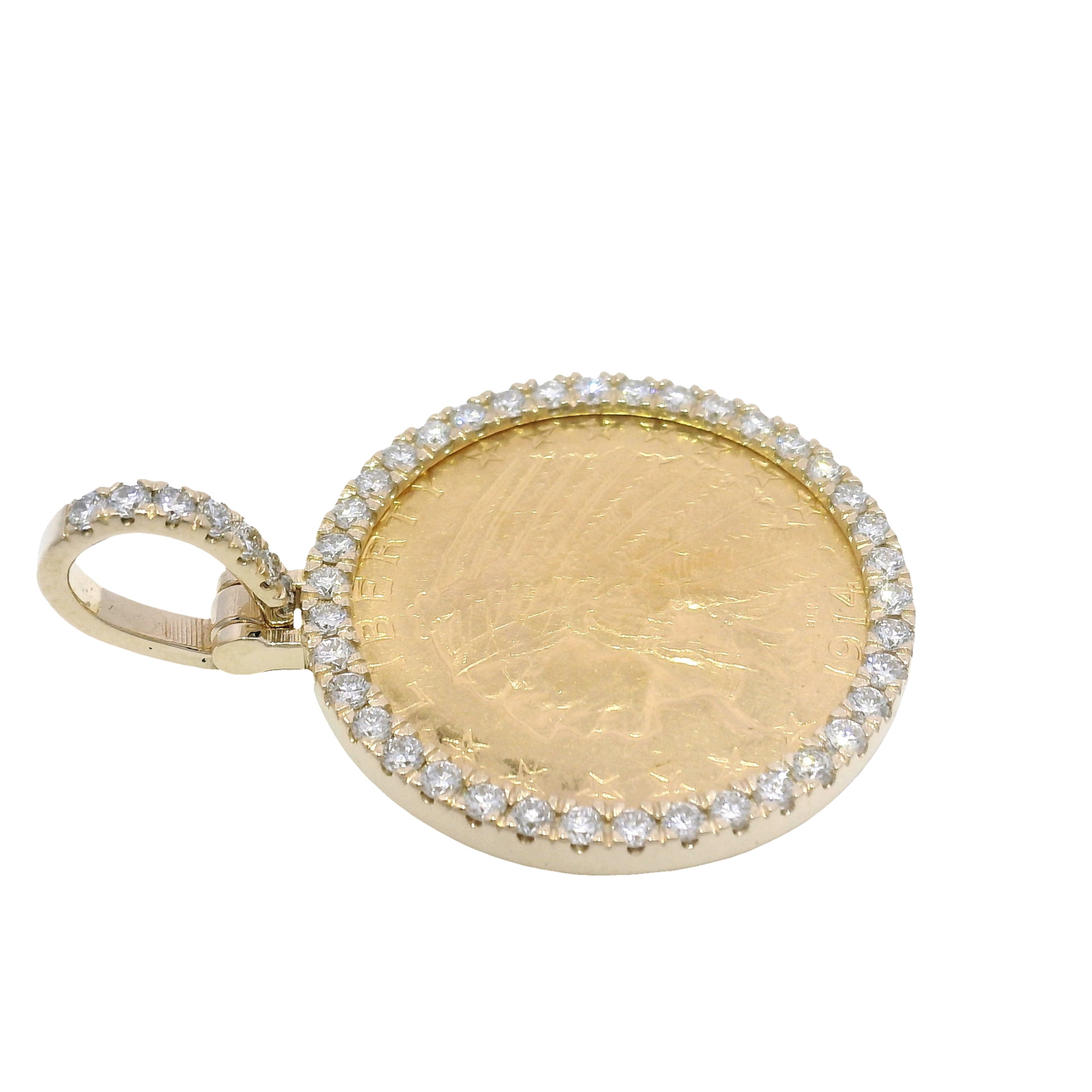 1914 $5 Gold Indian Coin Pendant in Custom 14K Yellow Gold & Lab Diamond Mounting