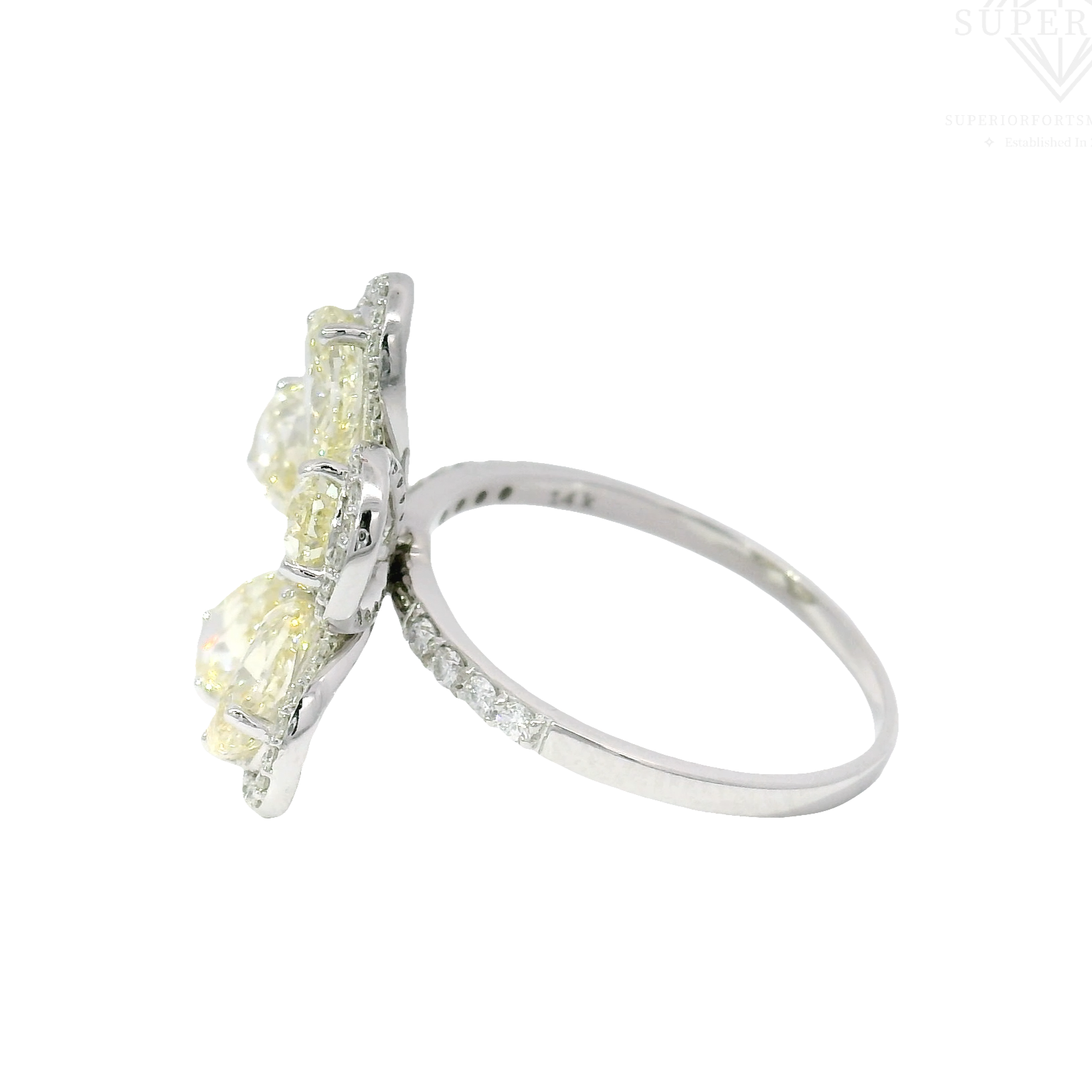 3.25cttw. Lab Grown Fancy Light Yellow Pears & White Round Diamond Flower Ring in 14K White Gold