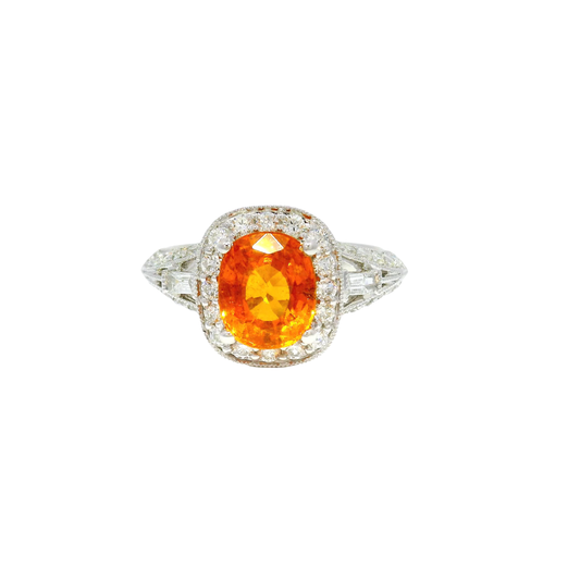 2.21ct. Spessartite Garnet Set in 14K White Gold Diamond Halo Ring
